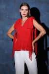 Buy_Swatee Singh_Red Polka Net V Neck Gathered Tie-up Top _at_Aza_Fashions