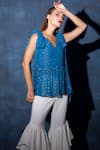 Swatee Singh_Blue Georgette V Neck Textured Tie-up Top _Online_at_Aza_Fashions