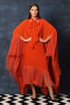 Buy_Swatee Singh_Orange Crepe Scarf Collar V Neck Fringe Detail Kaftan Dress _at_Aza_Fashions