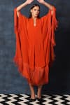 Swatee Singh_Orange Crepe Scarf Collar V Neck Fringe Detail Kaftan Dress _at_Aza_Fashions