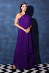 Swatee Singh_Purple Crepe Plain One Shoulder Maxi Kaftan Dress _Online_at_Aza_Fashions