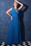 Buy_Swatee Singh_Blue Georgette V Neck Gathered Gown _at_Aza_Fashions