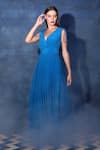 Swatee Singh_Blue Georgette V Neck Gathered Gown _Online_at_Aza_Fashions