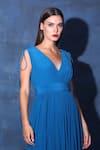 Buy_Swatee Singh_Blue Georgette V Neck Gathered Gown _Online_at_Aza_Fashions