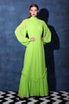 Buy_Swatee Singh_Green Georgette High Neck Pleated Bodice Bishop Sleeves Maxi Gown _at_Aza_Fashions