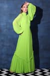 Shop_Swatee Singh_Green Georgette High Neck Pleated Bodice Bishop Sleeves Maxi Gown _Online_at_Aza_Fashions