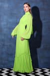 Swatee Singh_Green Georgette High Neck Pleated Bodice Bishop Sleeves Maxi Gown _at_Aza_Fashions