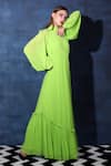 Buy_Swatee Singh_Green Georgette High Neck Pleated Bodice Bishop Sleeves Maxi Gown 