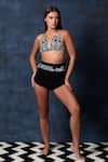 Shop_Swatee Singh_Black Heavy Crepe Shorts Halter V Neck Bloom Scribble Print Bikini Top With _Online_at_Aza_Fashions