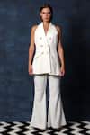 Shop_Swatee Singh_Ivory Heavy Crepe Bell Bottom Pant Lapel Collar Halter Neck Blazer Top With_Online_at_Aza_Fashions