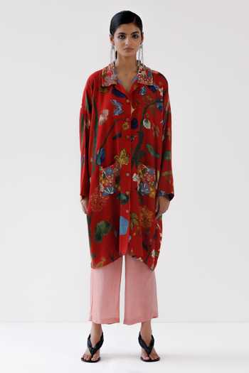 Buy_Yavi_Red Cotton, Wool Collared Lucy Floral Print Jacket _at_Aza_Fashions