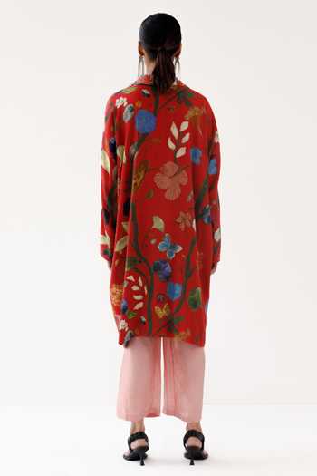 Shop_Yavi_Red Cotton, Wool Collared Lucy Floral Print Jacket _at_Aza_Fashions