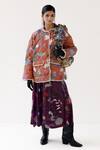 Buy_Yavi_Orange Tafta Hand Painted Floral Round Luna Pattern Quilted Jacket  _at_Aza_Fashions