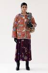 Yavi_Orange Tafta Hand Painted Floral Round Luna Pattern Quilted Jacket  _Online_at_Aza_Fashions