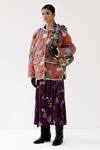 Shop_Yavi_Orange Tafta Hand Painted Floral Round Luna Pattern Quilted Jacket  _Online_at_Aza_Fashions
