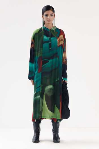 Buy_Yavi_Green Silk Mandarin Collar Thea Dress _at_Aza_Fashions