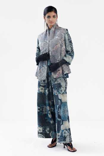 Shop_Yavi_Blue Cotton Shawl Neck Kate Bloomy Print Bundi Jacket _at_Aza_Fashions