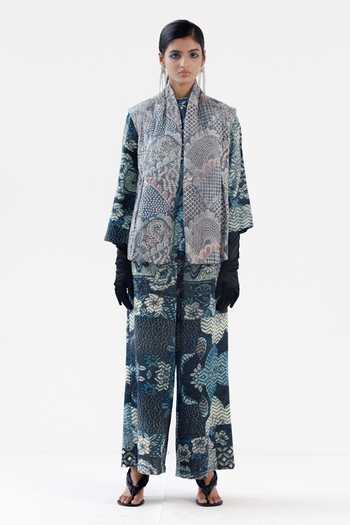 Yavi_Blue Cotton Shawl Neck Kate Bloomy Print Bundi Jacket _Online_at_Aza_Fashions