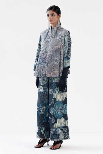 Shop_Yavi_Blue Cotton Shawl Neck Kate Bloomy Print Bundi Jacket _Online_at_Aza_Fashions