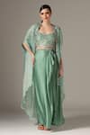 Buy_Yashodhara_Green Organza Embroidered Shibori Cape Open Pattern Draped Skirt Set  _at_Aza_Fashions