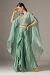 Shop_Yashodhara_Green Organza Embroidered Shibori Cape Open Pattern Draped Skirt Set  _Online_at_Aza_Fashions