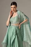 Yashodhara_Green Organza Embroidered Shibori Cape Open Pattern Draped Skirt Set  _at_Aza_Fashions