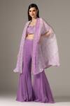 Buy_Yashodhara_Purple Organza Embroidered Shibori Cape Open Pattern Asymmetric Palazzo Set _Online_at_Aza_Fashions