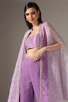 Shop_Yashodhara_Purple Organza Embroidered Shibori Cape Open Pattern Asymmetric Palazzo Set _Online_at_Aza_Fashions