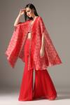 Buy_Yashodhara_Red Organza Embroidered Shibori Cape Pattern Scalloped Palazzo Set _Online_at_Aza_Fashions