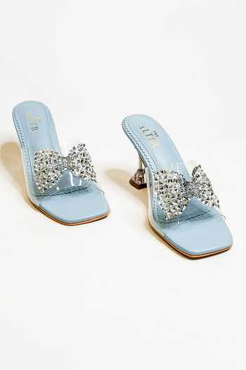 Buy_The Alter_Blue Studs, Bows Embellished Pyramid Heels _at_Aza_Fashions