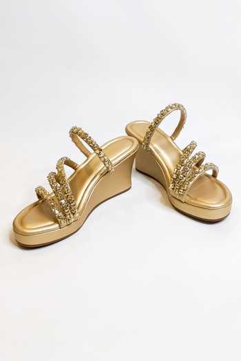 Buy_The Alter_Gold Rhinestones Norah Embellished Strappy Wedges _at_Aza_Fashions