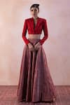 Buy_Taisha_Red Pure Zari Tissue Stripe Lapel Collar Lehenga Set _at_Aza_Fashions