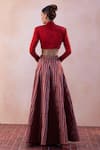 Shop_Taisha_Red Pure Zari Tissue Stripe Lapel Collar Lehenga Set _at_Aza_Fashions