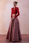 Buy_Taisha_Red Pure Zari Tissue Stripe Lapel Collar Lehenga Set _Online_at_Aza_Fashions