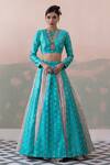 Buy_Taisha_Blue Silk Embroidery Round Neck Handwoven Open Kali Lehenga Set _at_Aza_Fashions