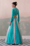 Shop_Taisha_Blue Silk Embroidery Round Neck Handwoven Open Kali Lehenga Set _at_Aza_Fashions