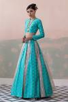 Taisha_Blue Silk Embroidery Round Neck Handwoven Open Kali Lehenga Set _Online_at_Aza_Fashions