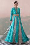 Shop_Taisha_Blue Silk Embroidery Round Neck Handwoven Open Kali Lehenga Set _Online_at_Aza_Fashions