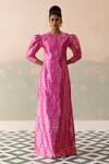 Buy_Taisha_Pink Kota Doria, Silk Round Neck Parrot Forest Woven Gown _at_Aza_Fashions
