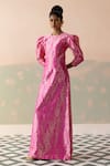 Taisha_Pink Kota Doria, Silk Round Neck Parrot Forest Woven Gown _Online_at_Aza_Fashions