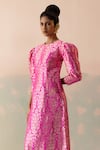 Buy_Taisha_Pink Kota Doria, Silk Round Neck Parrot Forest Woven Gown _Online_at_Aza_Fashions
