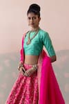 Shop_Taisha_Pink Pure Raw Silk Vine Gardenia Embroidery Round Neck Jaal Bridal Lehenga Set _Online_at_Aza_Fashions