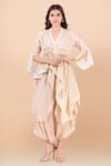 Buy_Jajobaa_Beige Assam Silk Woven V Neck Asymmetric Jacket And Dhoti Pant Set _at_Aza_Fashions