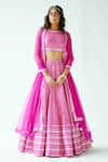 Buy_PRIYAL PRAKASH_Magenta Raw Silk Embroidered Zari And Sequin Work Checkered Bridal Lehenga Set _at_Aza_Fashions