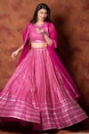 PRIYAL PRAKASH_Magenta Raw Silk Embroidered Zari And Sequin Work Checkered Bridal Lehenga Set _at_Aza_Fashions