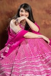 Buy_PRIYAL PRAKASH_Magenta Raw Silk Embroidered Zari And Sequin Work Checkered Bridal Lehenga Set 