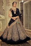 Buy_Archana Kochhar_Blue Velvet Embroidered Kasab Round Neckline Peacock Bridal Lehenga Set _at_Aza_Fashions