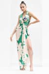 Buy_Mandira Wirk_Green Satin Floral Halter Neck Dress_at_Aza_Fashions