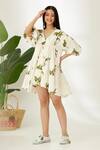 Buy_Nikasha_Off White Cotton Silk Banana Tree V Neck Hand Painted Dress _at_Aza_Fashions