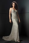 Buy_Rohit Gandhi + Rahul Khanna_Cream Tulle, Crepe Crystals, Sequins, Metallic Thread Scoop Neck Maze Gown _at_Aza_Fashions